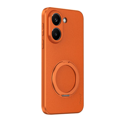 For Redmi Turbo 5 5G Goatskin Vegan Leather Magnetic Phone Case With 360 Degree Rotating Holder - Orange - EDA009839304A