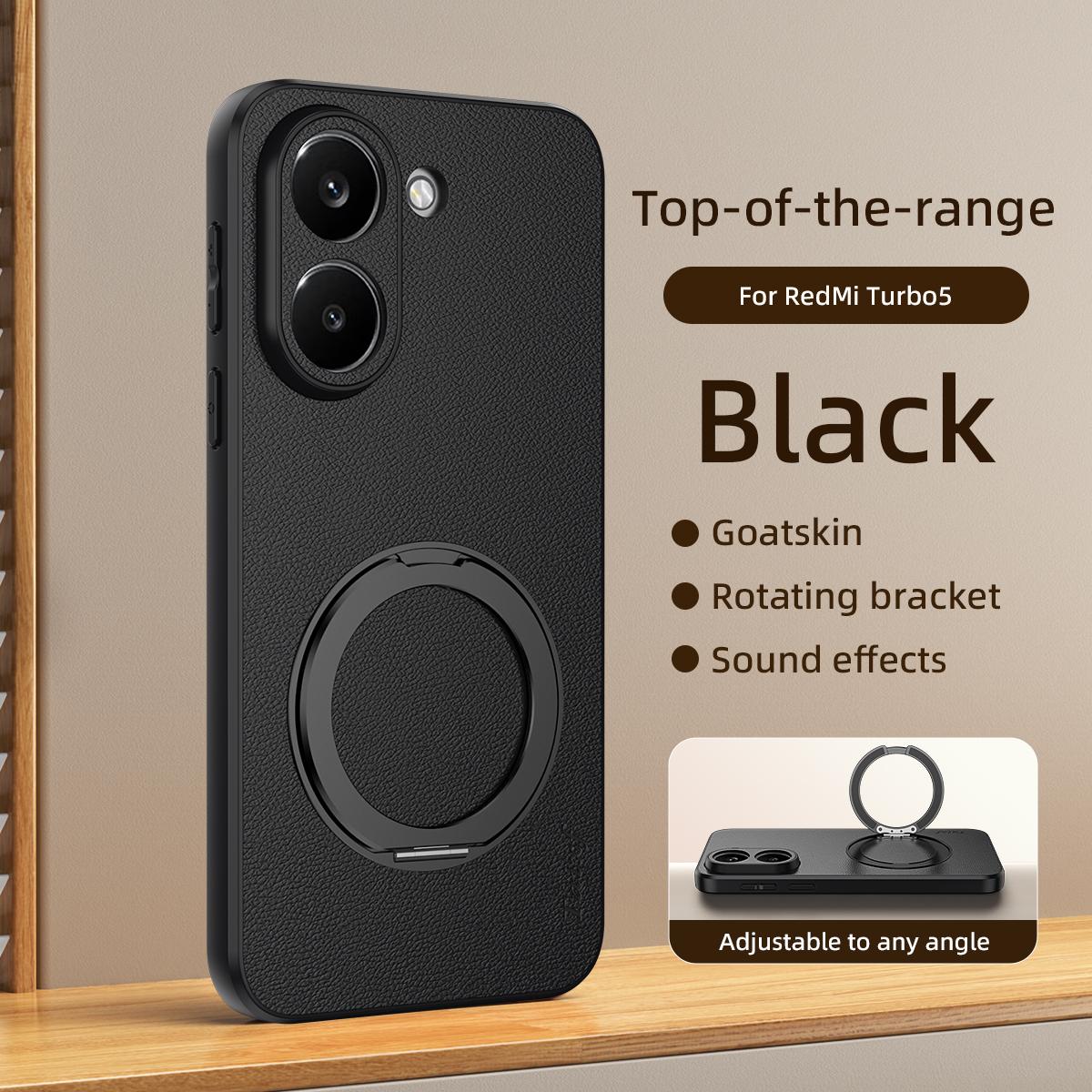 For Redmi Turbo 5 5G Goatskin Vegan Leather Magnetic Phone Case With 360 Degree Rotating Holder - Black - EDA009839304B