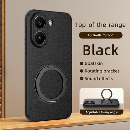 For Redmi Turbo 5 5G Goatskin Vegan Leather Magnetic Phone Case With 360 Degree Rotating Holder - Black - EDA009839304B