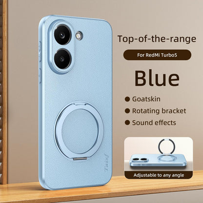 For Redmi Turbo 5 5G Goatskin Vegan Leather Magnetic Phone Case With 360 Degree Rotating Holder - Blue - EDA009839304C