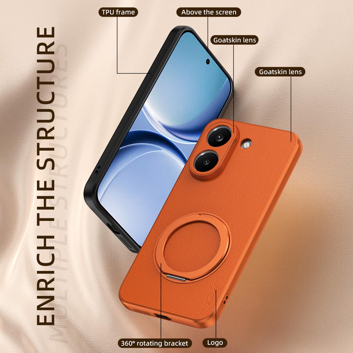 For Redmi Turbo 5 5G Goatskin Vegan Leather Magnetic Phone Case With 360 Degree Rotating Holder - Blue - EDA009839304C
