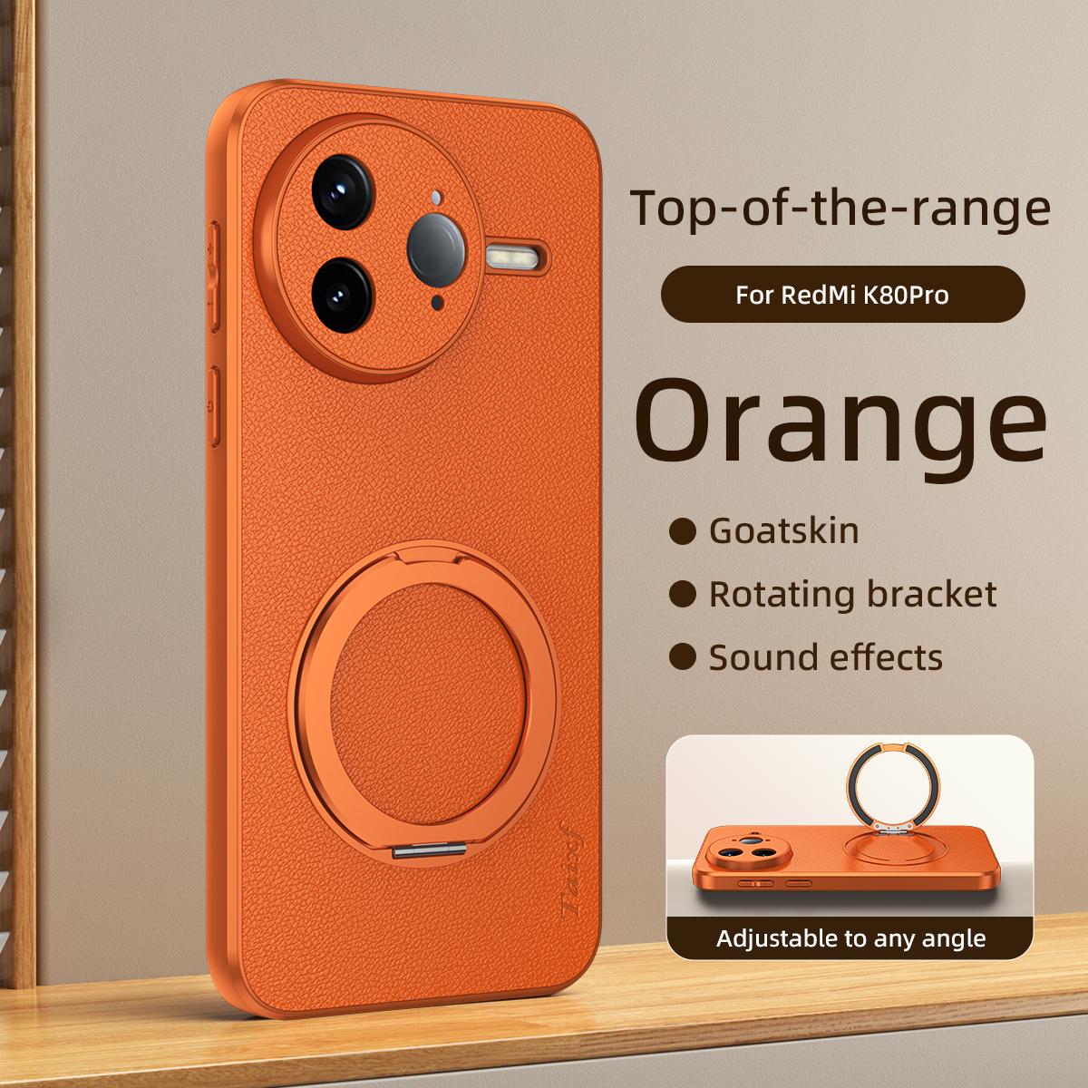 For Redmi K80 Pro Goatskin Vegan Leather Magnetic Phone Case With 360 Degree Rotating Holder - Orange - EDA009839308A