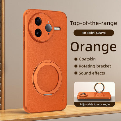 For Redmi K80 Pro Goatskin Vegan Leather Magnetic Phone Case With 360 Degree Rotating Holder - Orange - EDA009839308A