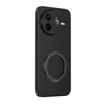 For Redmi K80 Pro Goatskin Vegan Leather Magnetic Phone Case With 360 Degree Rotating Holder - Black - EDA009839308B