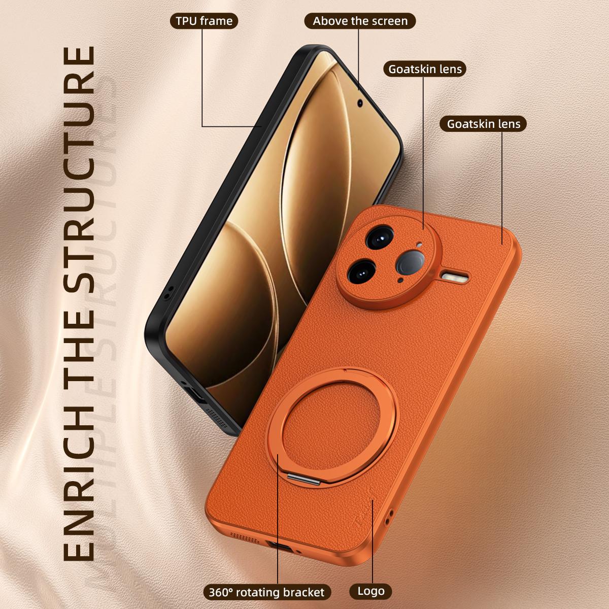 For Redmi K80 Pro Goatskin Vegan Leather Magnetic Phone Case With 360 Degree Rotating Holder - Black - EDA009839308B