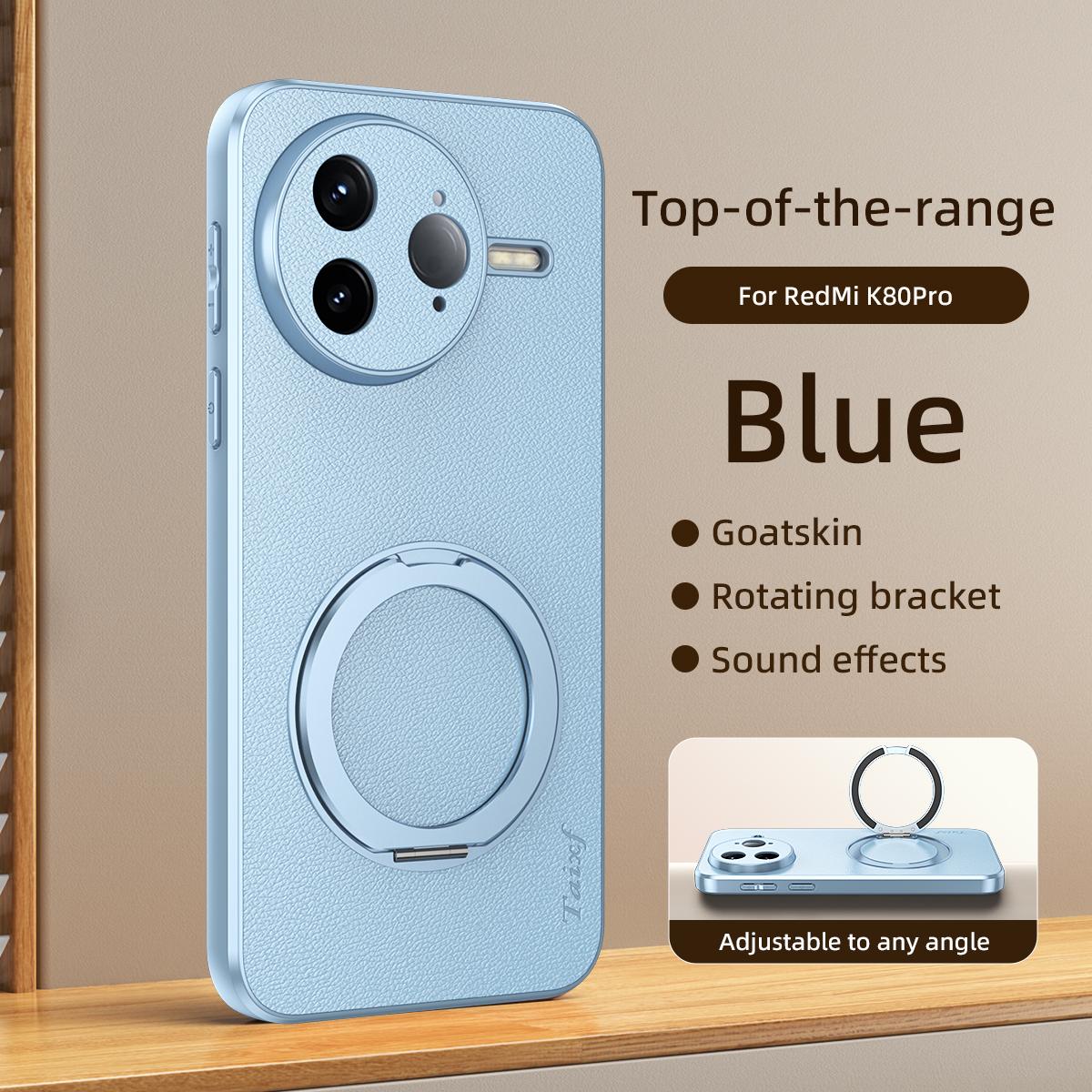For Redmi K80 Pro Goatskin Vegan Leather Magnetic Phone Case With 360 Degree Rotating Holder - Blue - EDA009839308C
