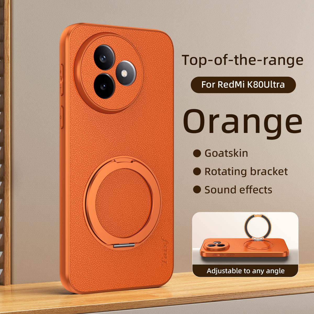 For Redmi K80 Ultra Goatskin Vegan Leather Magnetic Phone Case With 360 Degree Rotating Holder - Orange - EDA009839309A