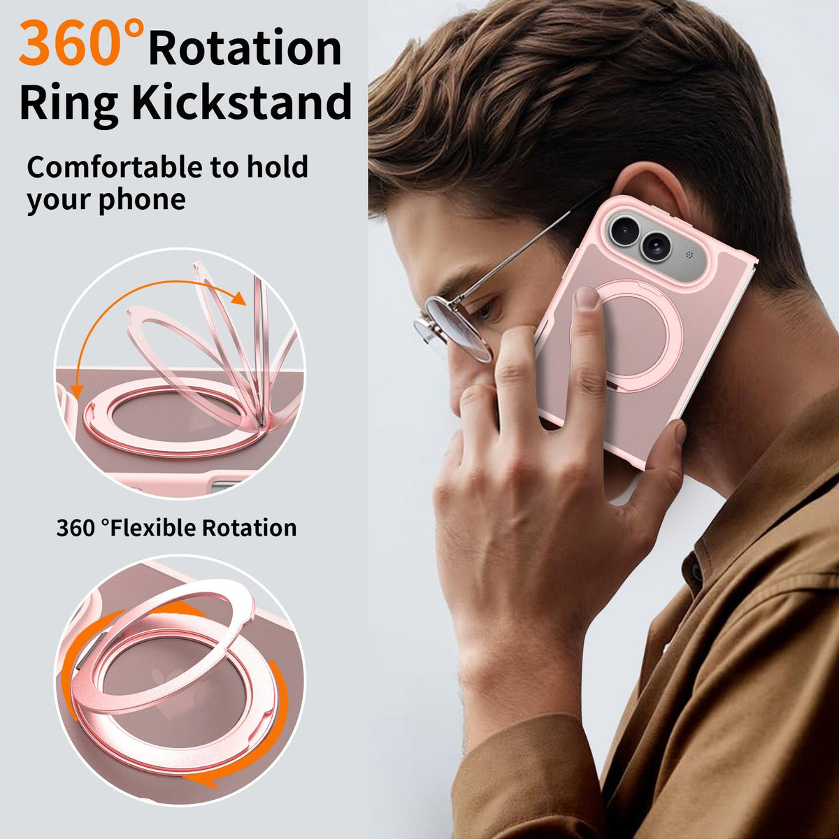 For iPhone Duo Skin Feel Rotating Holder Magnetic Phone Case - Pink - EDA009844901C