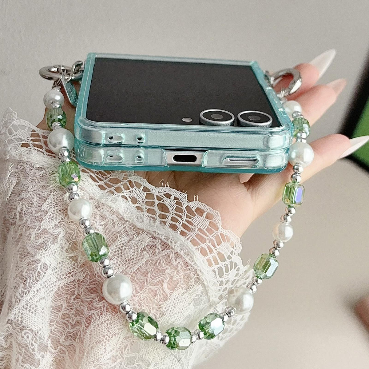 For Galaxy Z Flip8 5G Clear TPU Cartoon Animal Phone Case with Strap - Green - EDA009847501B