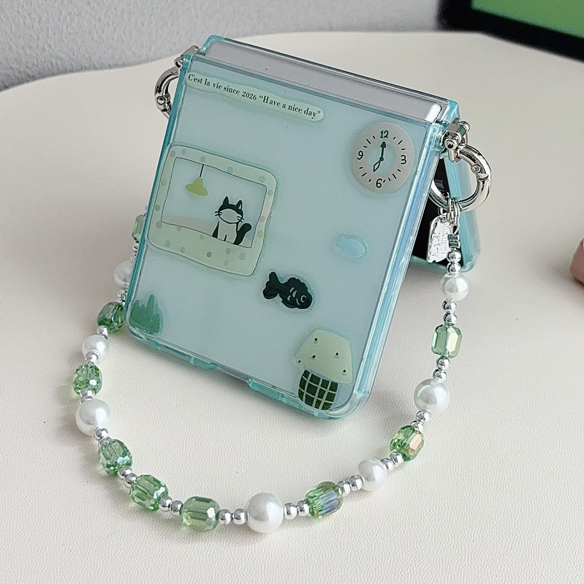 For Galaxy Z Flip8 5G Clear TPU Cartoon Animal Phone Case with Strap - Green - EDA009847501B