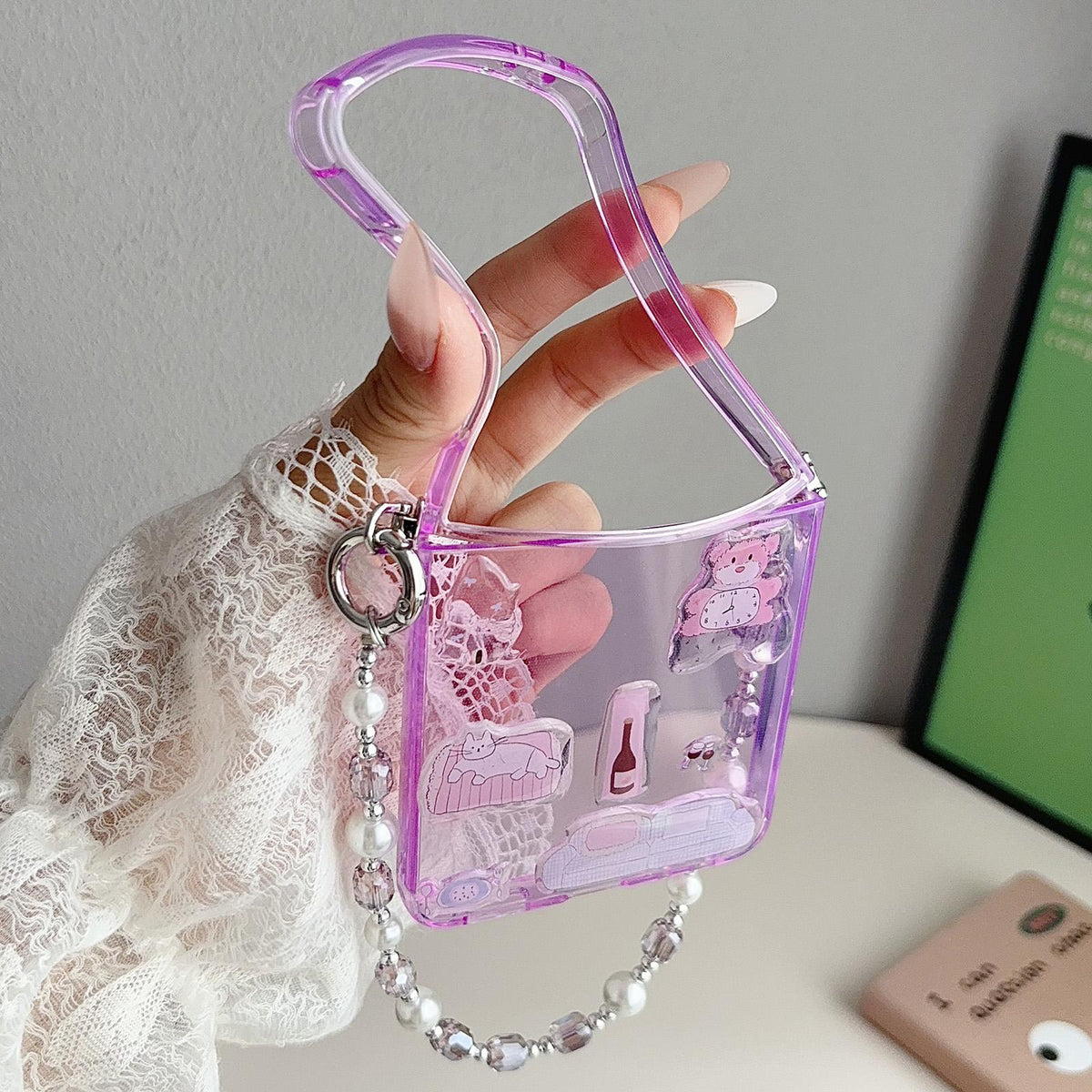 For Galaxy Z Flip8 5G Clear TPU Cartoon Animal Phone Case with Strap - Green - EDA009847501B