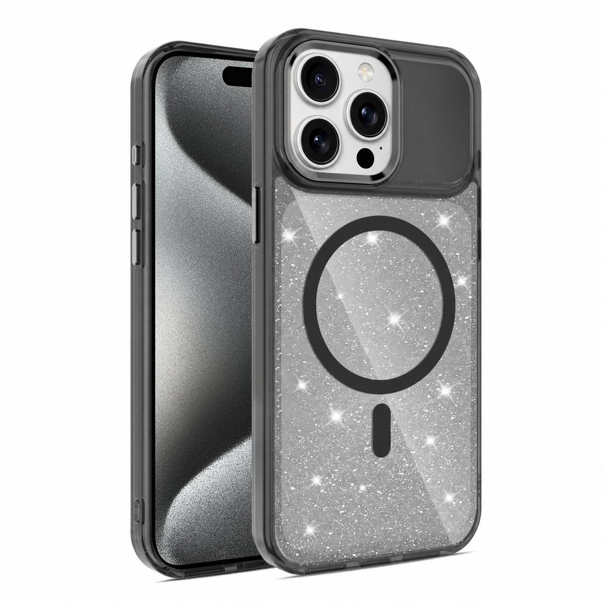 For iPhone 15 Pro Max Luxury Glitter TPU + PC Magnetic Phone Case - Black - EDA009853309A