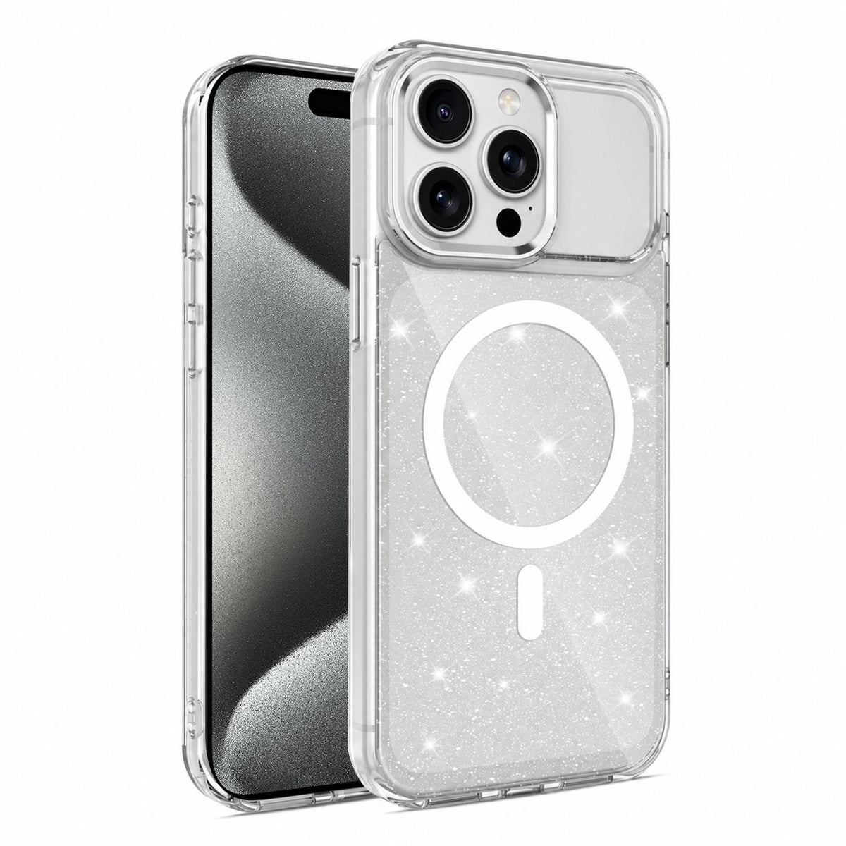 For iPhone 15 Pro Max Luxury Glitter TPU + PC Magnetic Phone Case - Transparent - EDA009853309D