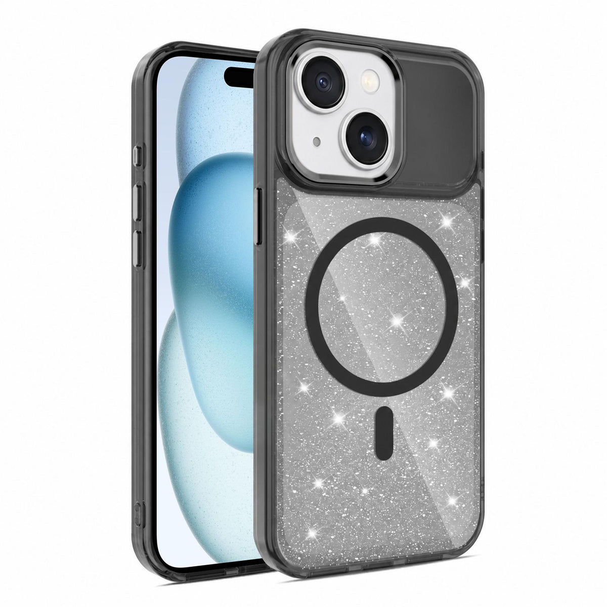 For iPhone 15 Luxury Glitter TPU + PC Magnetic Phone Case - Black - EDA009853311A