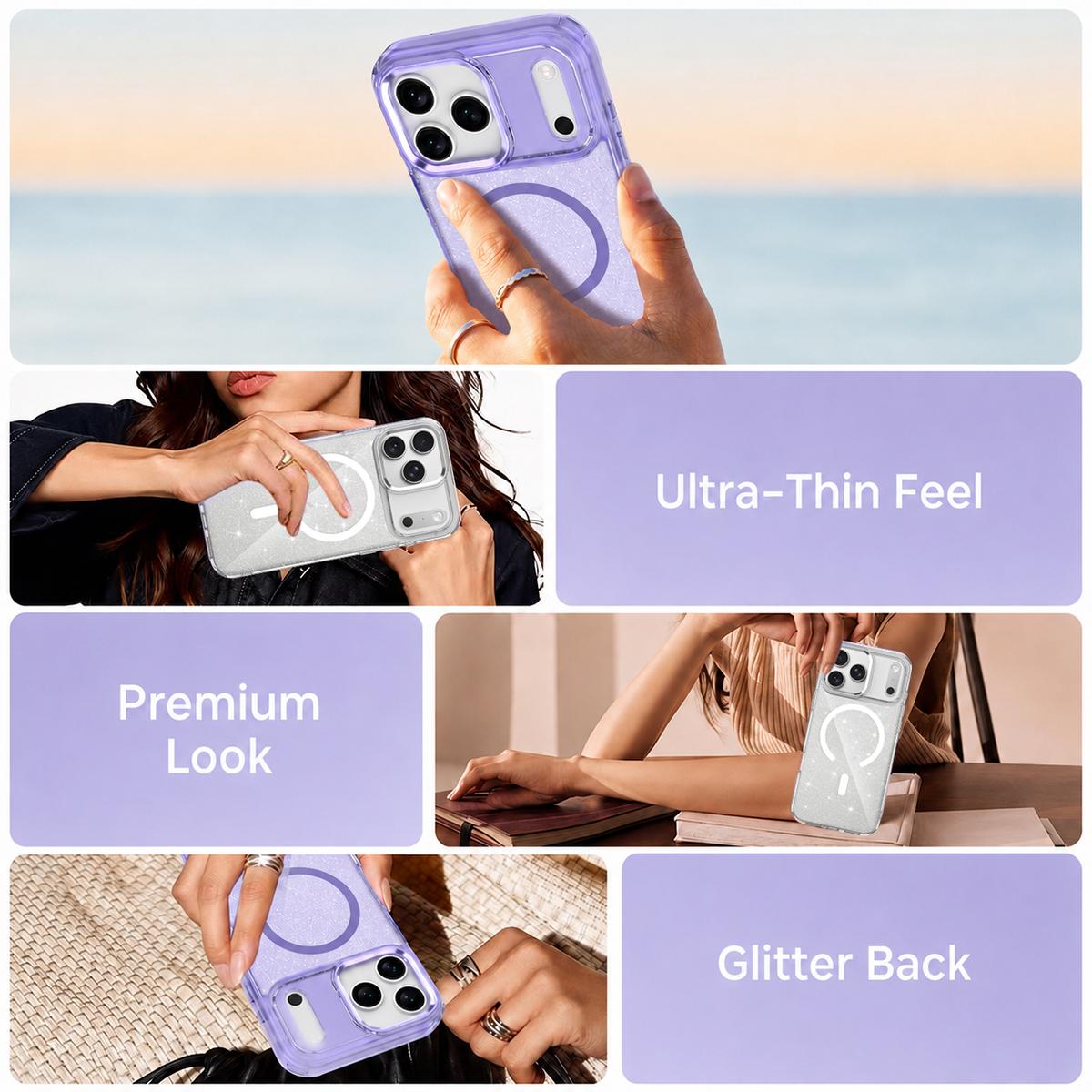For iPhone 17 Pro Max Luxury Glitter TPU + PC Magnetic Phone Case - Purple - EDA009853301E