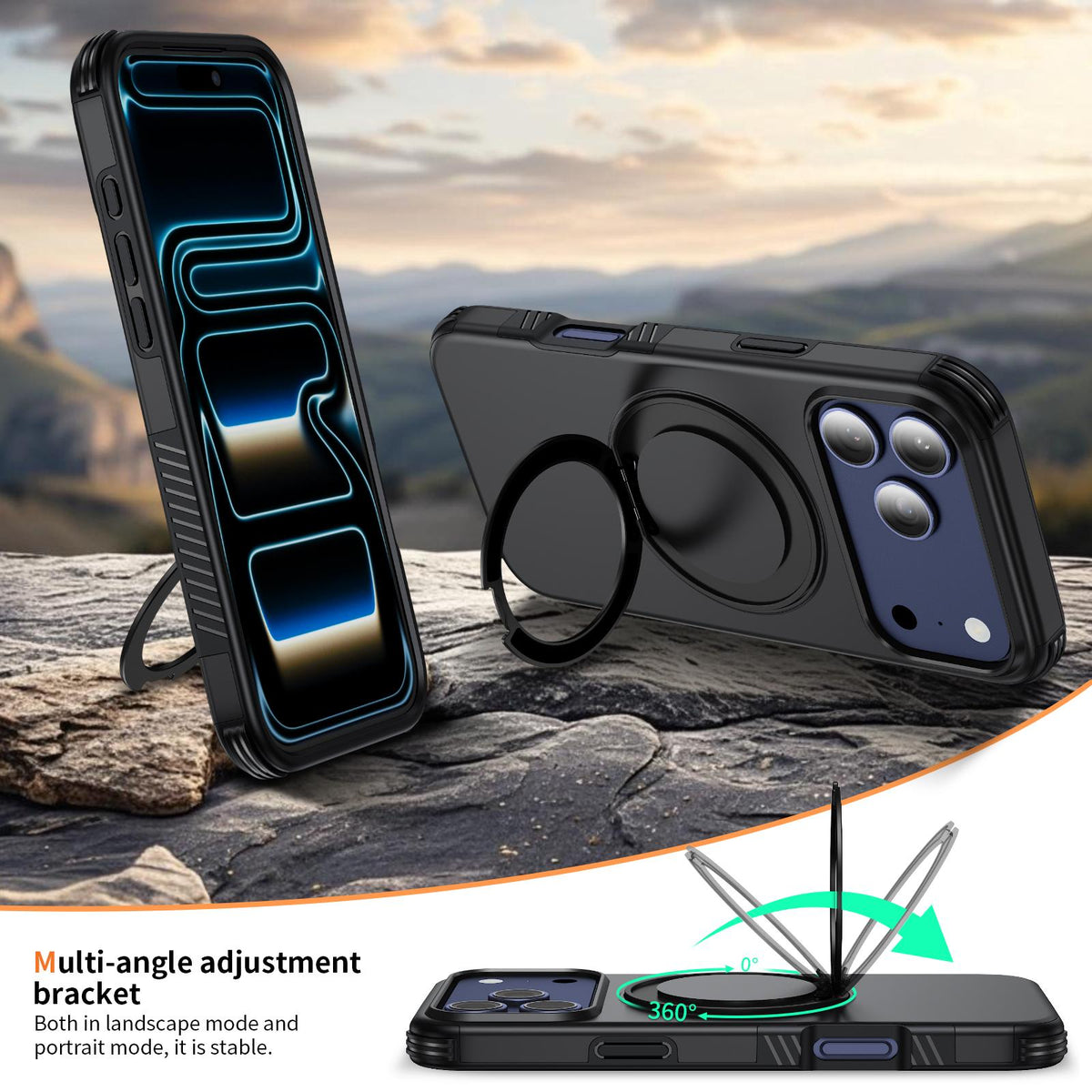 For iPhone 17 Pro Magnetic 360 Rotating Holder Phone Case - Black - EDA009861201C