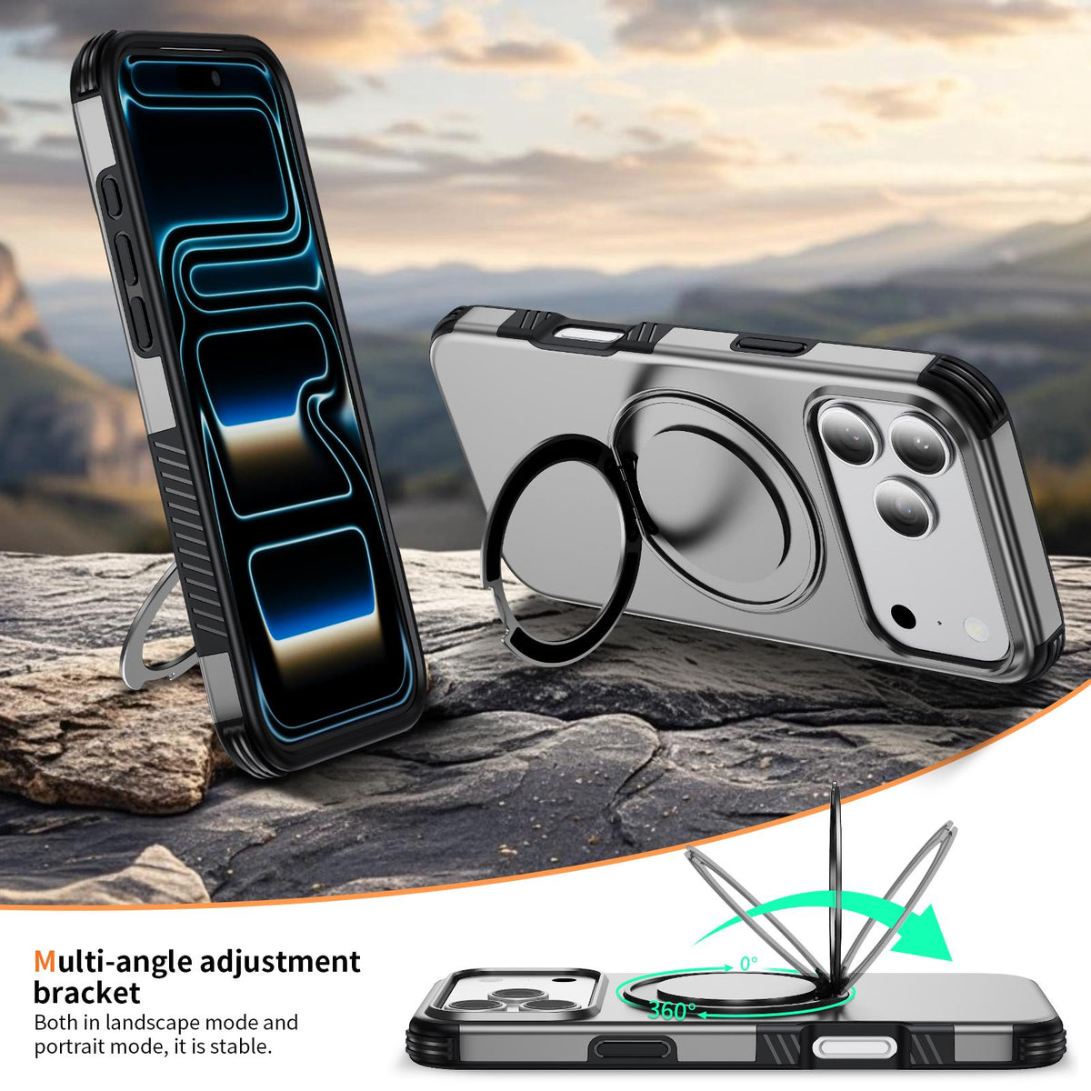 For iPhone 17 Pro Max Magnetic 360 Rotating Holder Phone Case - Silver - EDA009861202H