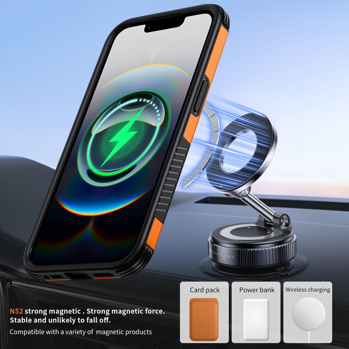 For iPhone 17e / 16e Magnetic 360 Rotating Holder Phone Case - Orange - EDA009861205A