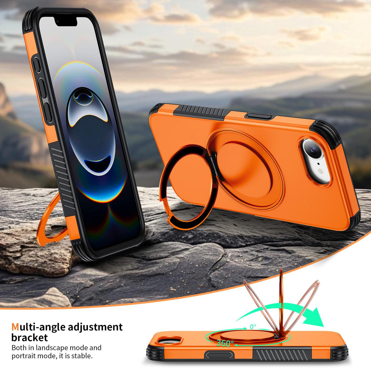 For iPhone 17e / 16e Magnetic 360 Rotating Holder Phone Case - Orange - EDA009861205A