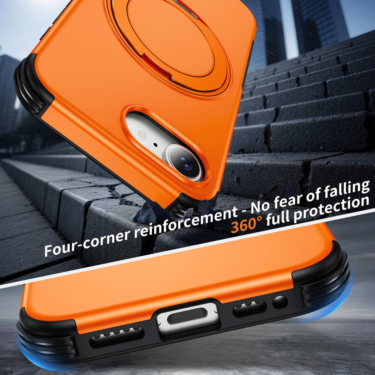 For iPhone 17e / 16e Magnetic 360 Rotating Holder Phone Case - Orange - EDA009861205A