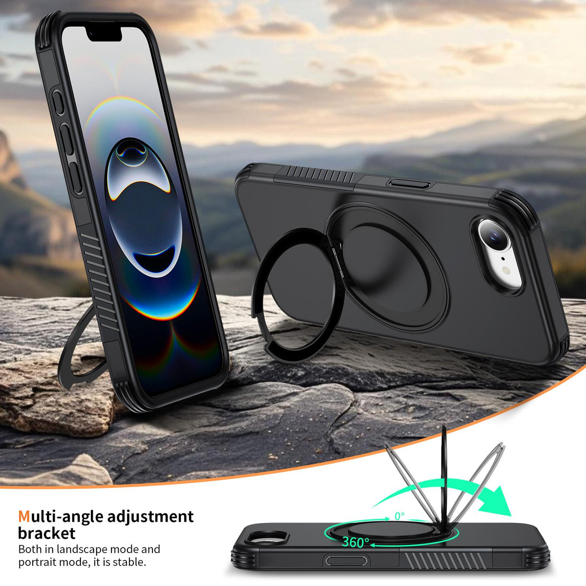 For iPhone 17e / 16e Magnetic 360 Rotating Holder Phone Case - Black - EDA009861205C