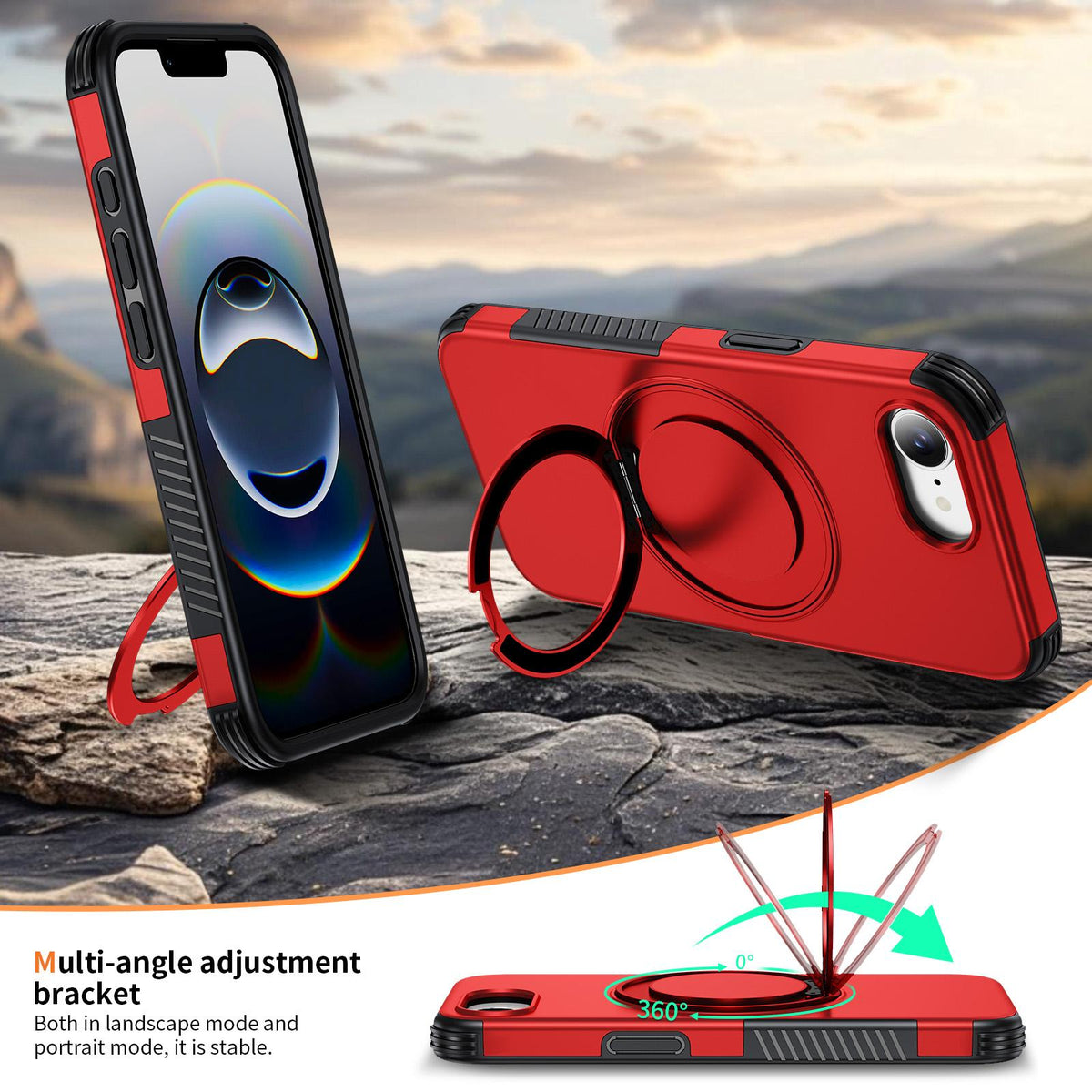 For iPhone 17e / 16e Magnetic 360 Rotating Holder Phone Case - Red - EDA009861205D