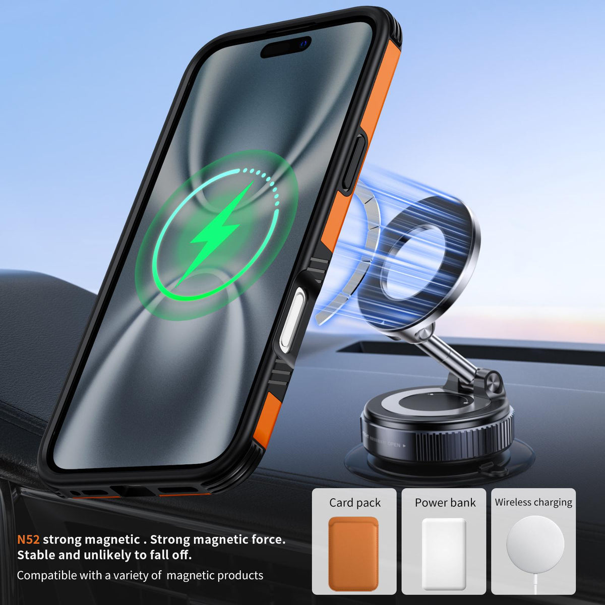 For iPhone 16 Plus Magnetic 360 Rotating Holder Phone Case - Orange - EDA009861206A
