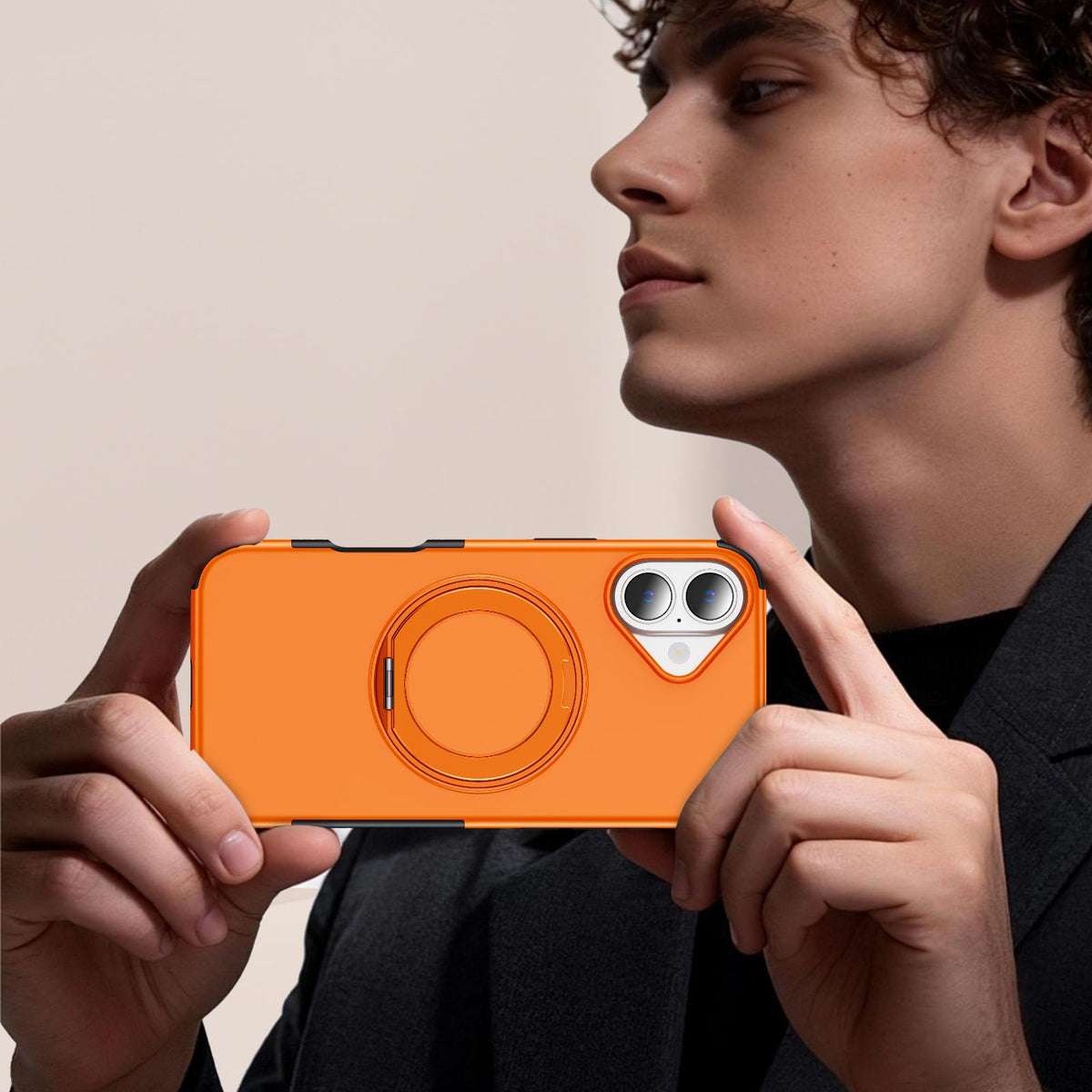For iPhone 16 Plus Magnetic 360 Rotating Holder Phone Case - Orange - EDA009861206A