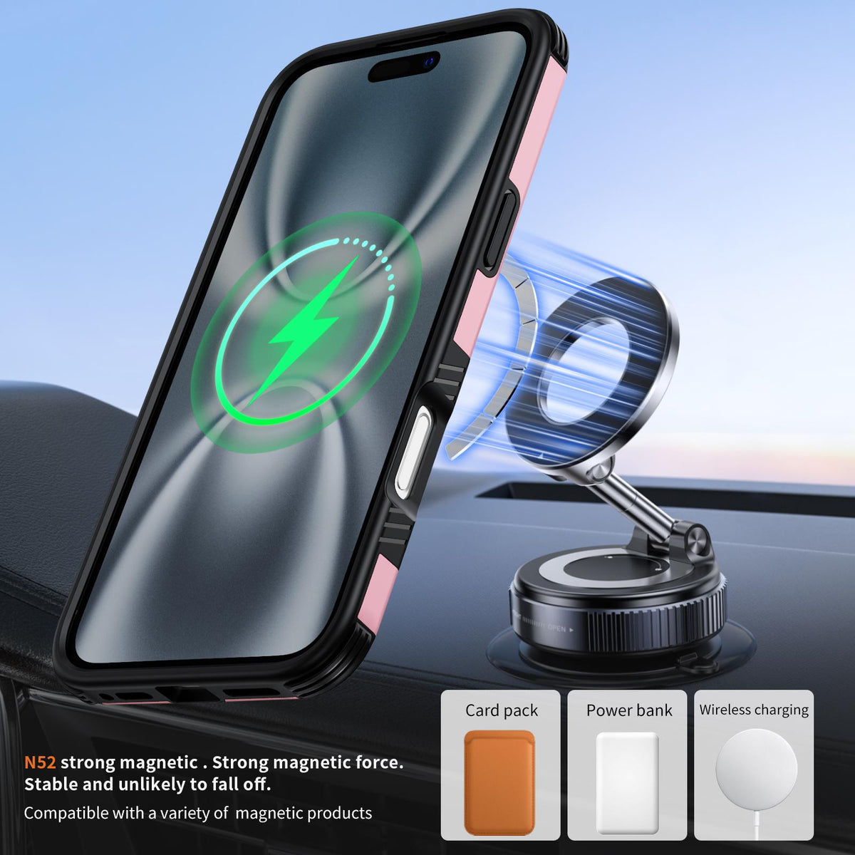 For iPhone 16 Plus Magnetic 360 Rotating Holder Phone Case - Pink - EDA009861206B