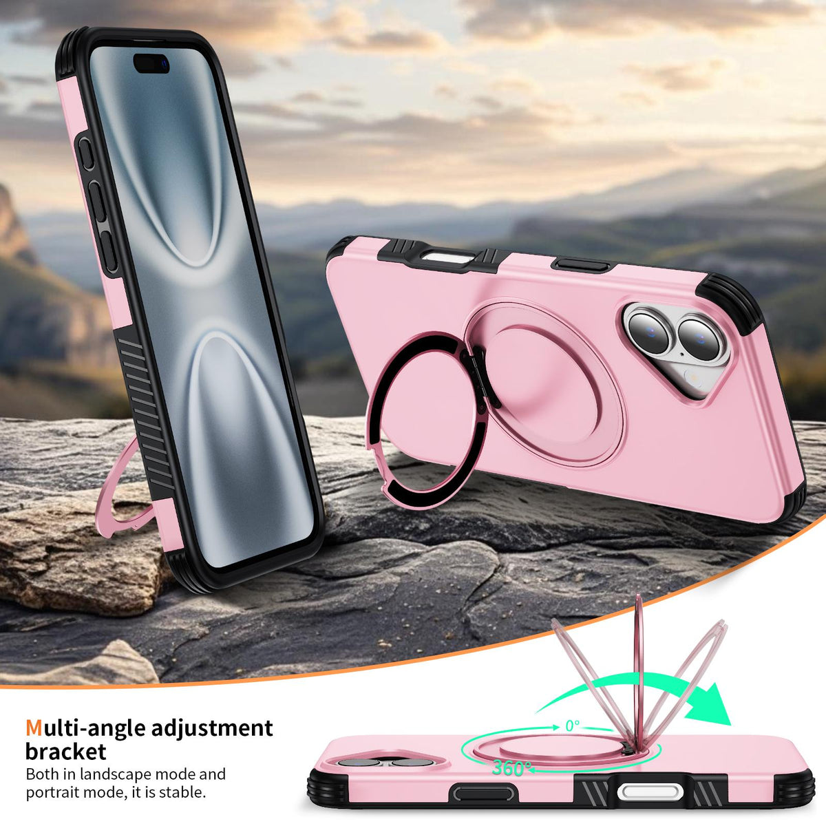 For iPhone 16 Plus Magnetic 360 Rotating Holder Phone Case - Pink - EDA009861206B