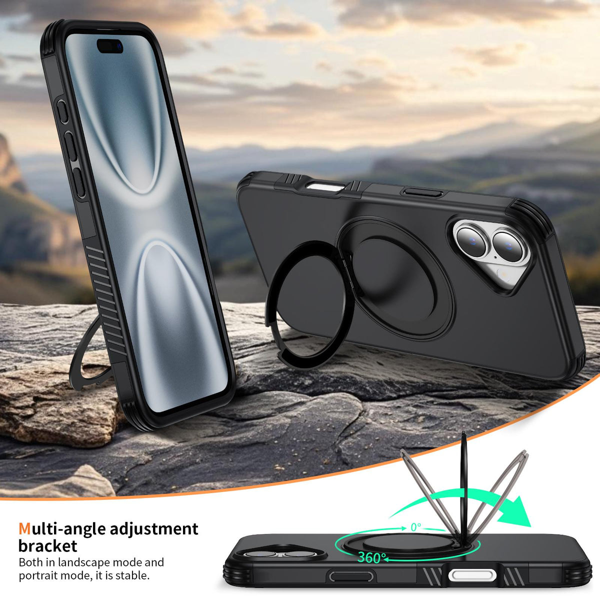 For iPhone 16 Plus Magnetic 360 Rotating Holder Phone Case - Black - EDA009861206C