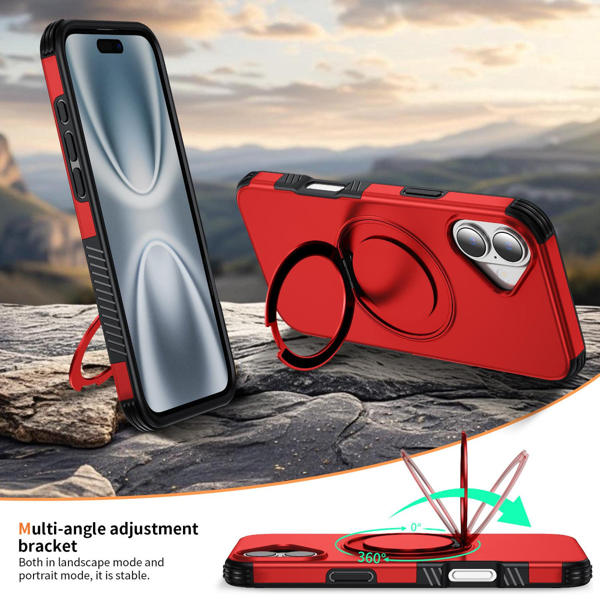 For iPhone 16 Plus Magnetic 360 Rotating Holder Phone Case - Red - EDA009861206D