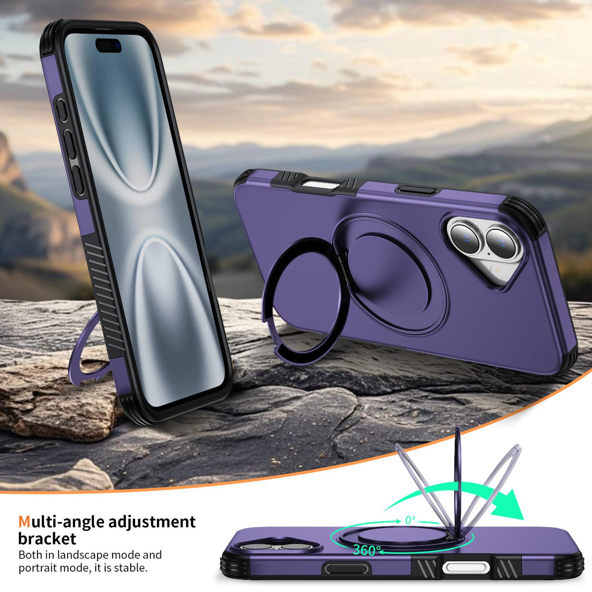 For iPhone 16 Plus Magnetic 360 Rotating Holder Phone Case - Dark Purple - EDA009861206G