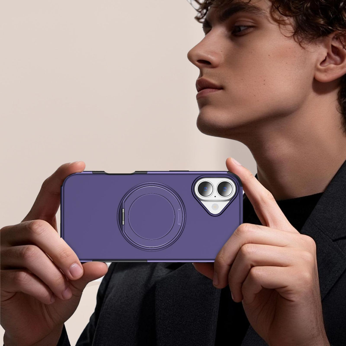 For iPhone 16 Plus Magnetic 360 Rotating Holder Phone Case - Dark Purple - EDA009861206G