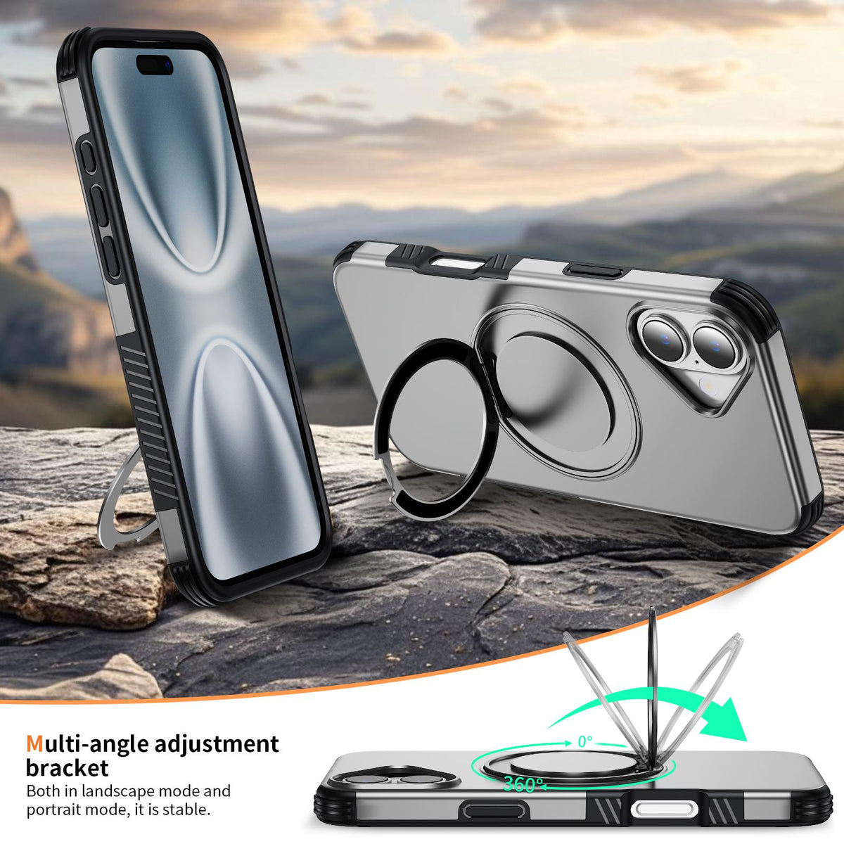 For iPhone 16 Plus Magnetic 360 Rotating Holder Phone Case - Silver - EDA009861206H