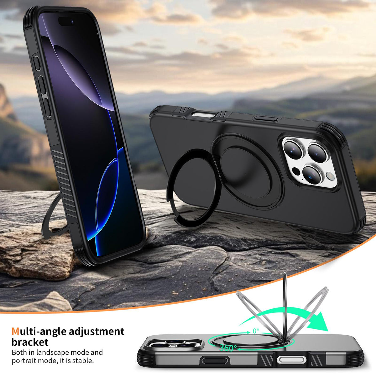 For iPhone 16 Pro Magnetic 360 Rotating Holder Phone Case - Black - EDA009861207C