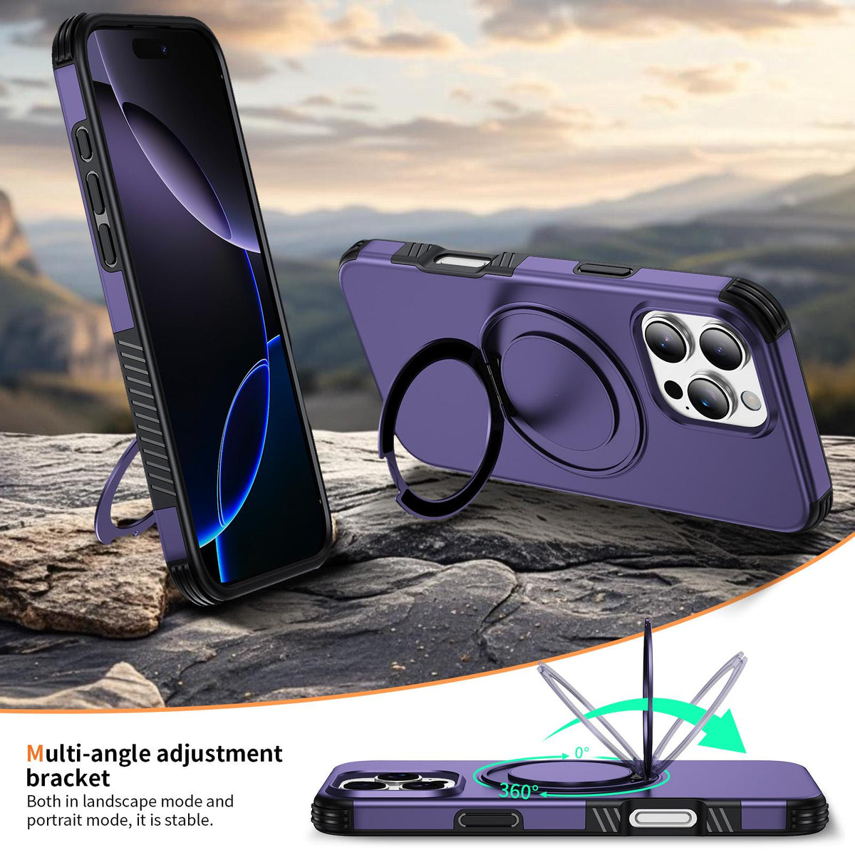 For iPhone 16 Pro Magnetic 360 Rotating Holder Phone Case - Dark Purple - EDA009861207G