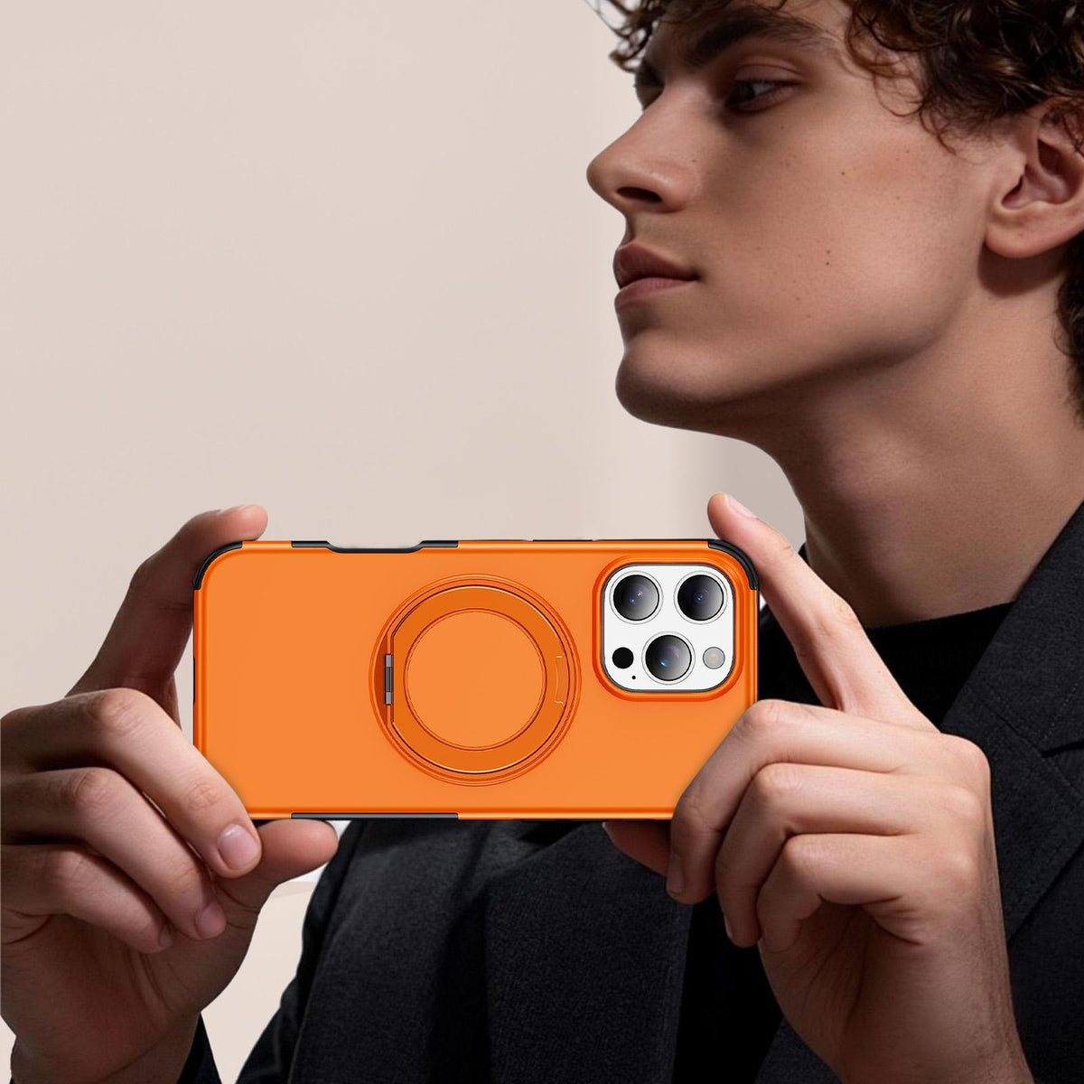For iPhone 16 Pro Max Magnetic 360 Rotating Holder Phone Case - Orange - EDA009861208A