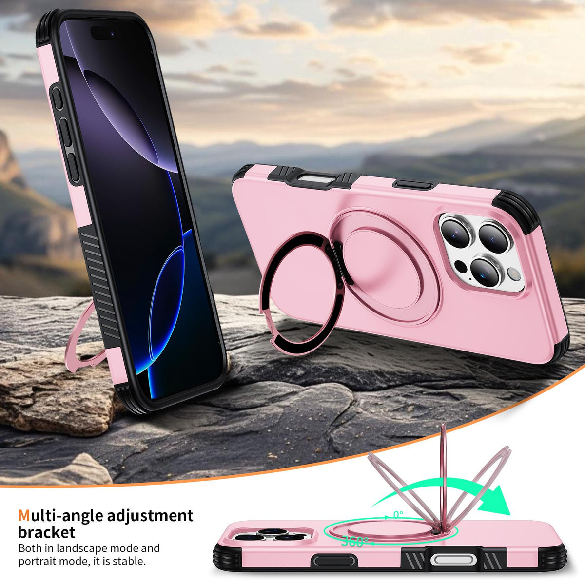 For iPhone 16 Pro Max Magnetic 360 Rotating Holder Phone Case - Pink - EDA009861208B