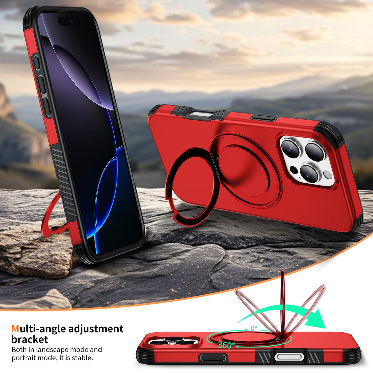 For iPhone 16 Pro Max Magnetic 360 Rotating Holder Phone Case - Red - EDA009861208D