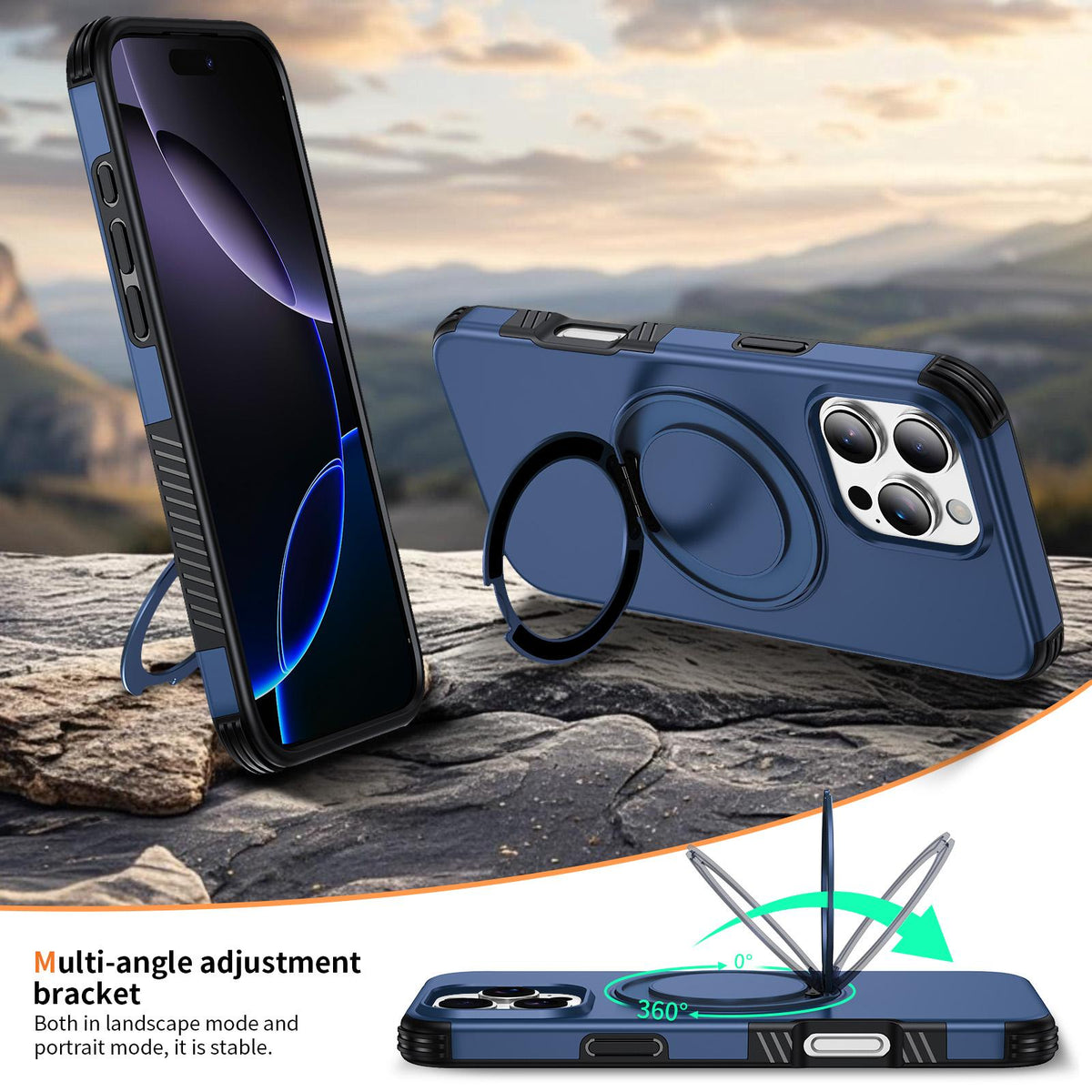 For iPhone 16 Pro Max Magnetic 360 Rotating Holder Phone Case - Blue - EDA009861208E