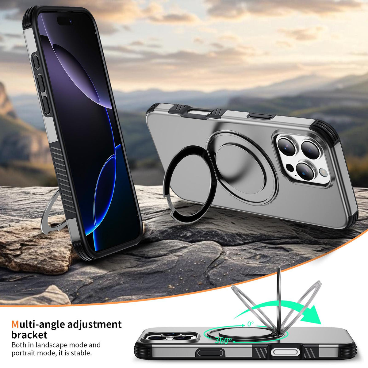 For iPhone 16 Pro Max Magnetic 360 Rotating Holder Phone Case - Silver - EDA009861208H
