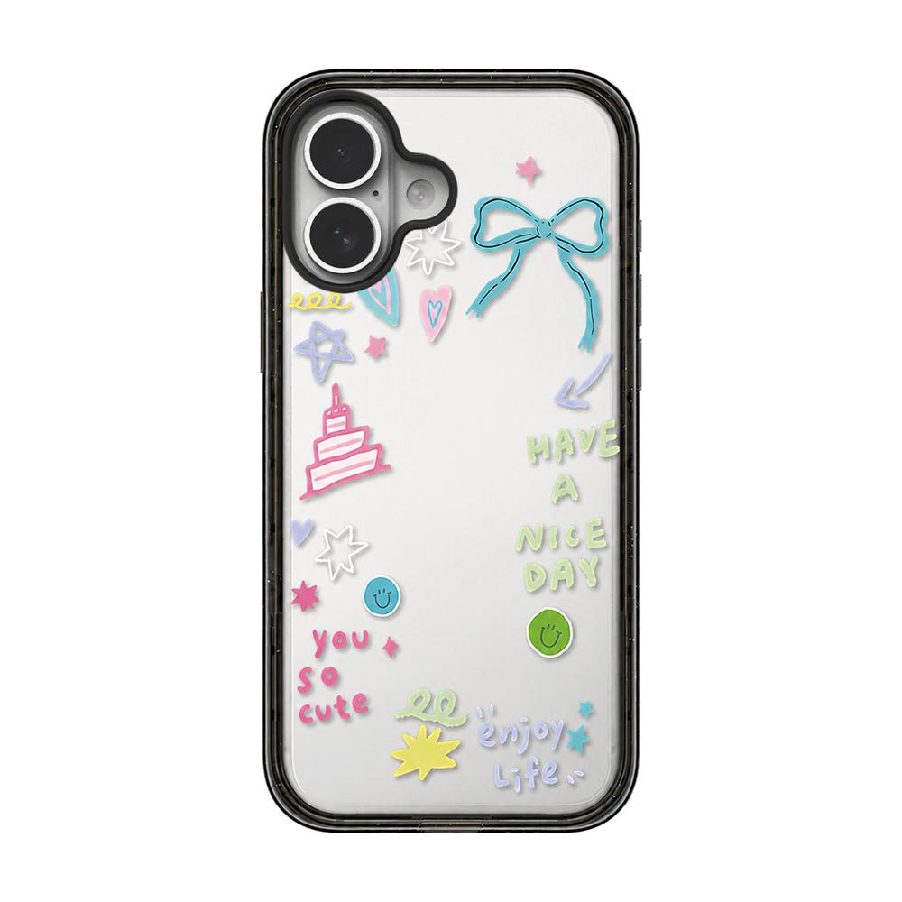 For iPhone 16 Star Four-leaf Clover Pattern Acrylic TPU Phone Case - Macaron Themed Graffiti - EDA009862209D