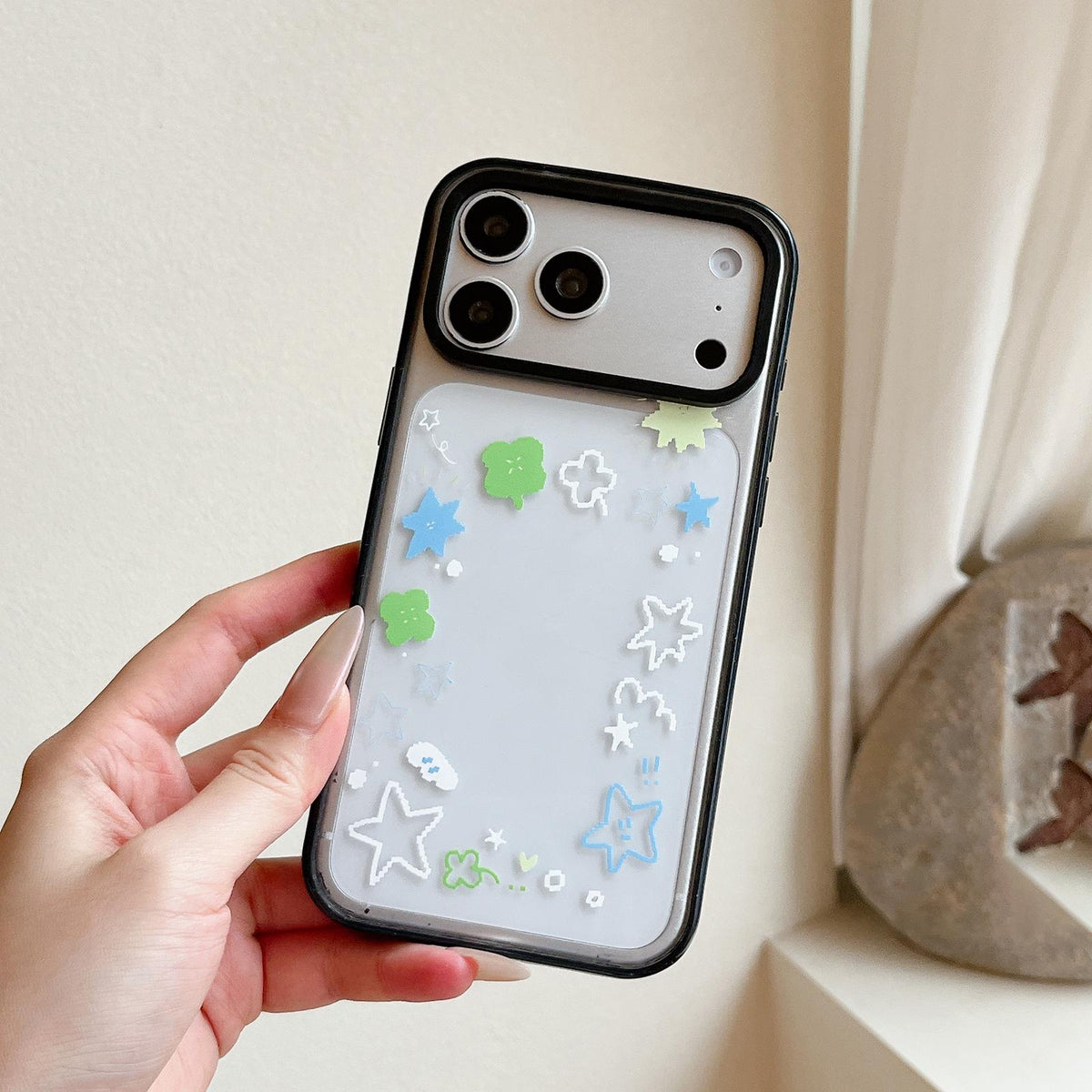 For iPhone 16 Star Four-leaf Clover Pattern Acrylic TPU Phone Case - Star Photo Frame - EDA009862209A