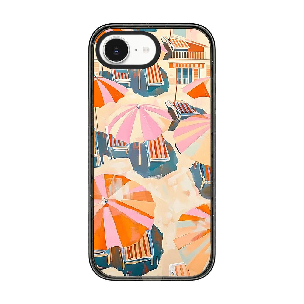 For iPhone 17e / 16e Summer Beach Pattern Acrylic TPU Phone Case - Pink Orange Beach Sun Umbrella - EDA009862401D