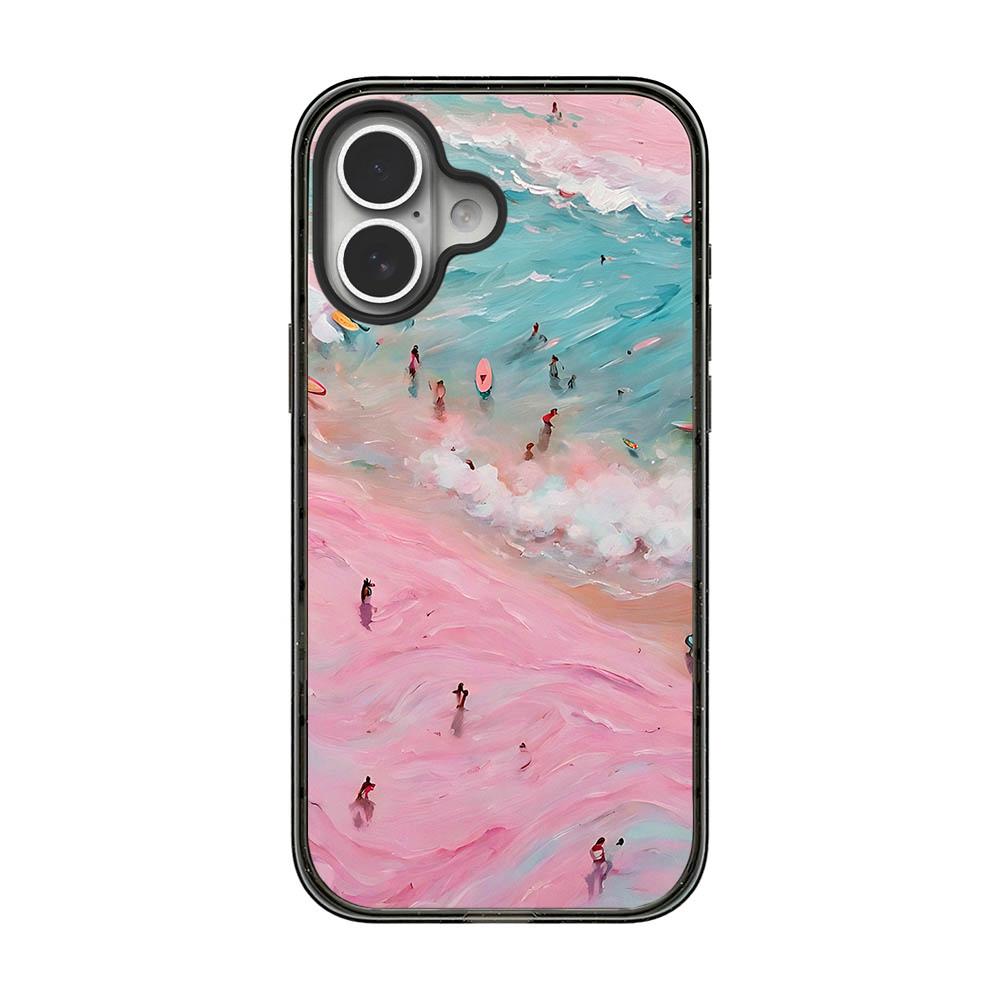 For iPhone 16 Plus Summer Beach Pattern Acrylic TPU Phone Case - Pink Sand Beach Surfing - EDA009862408B