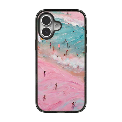 For iPhone 16 Plus Summer Beach Pattern Acrylic TPU Phone Case - Pink Sand Beach Surfing - EDA009862408B