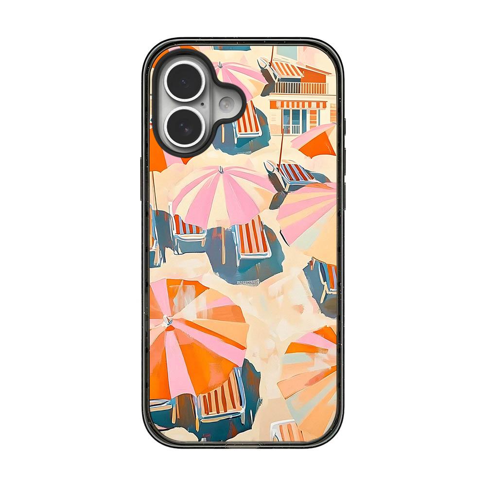 For iPhone 16 Plus Summer Beach Pattern Acrylic TPU Phone Case - Pink Orange Beach Sun Umbrella - EDA009862408D