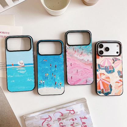 For iPhone 17e / 16e Summer Beach Pattern Acrylic TPU Phone Case - Pink Sand Beach Surfing - EDA009862401B