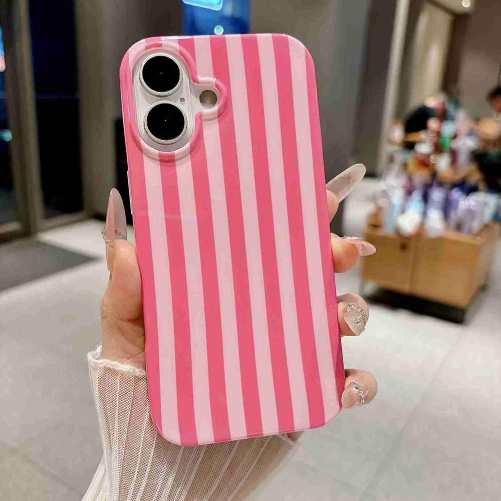 For iPhone 16 Plus Full Coverage IMD Printed Vertical Stripes TPU Phone Case - Pink - EDA009871308A